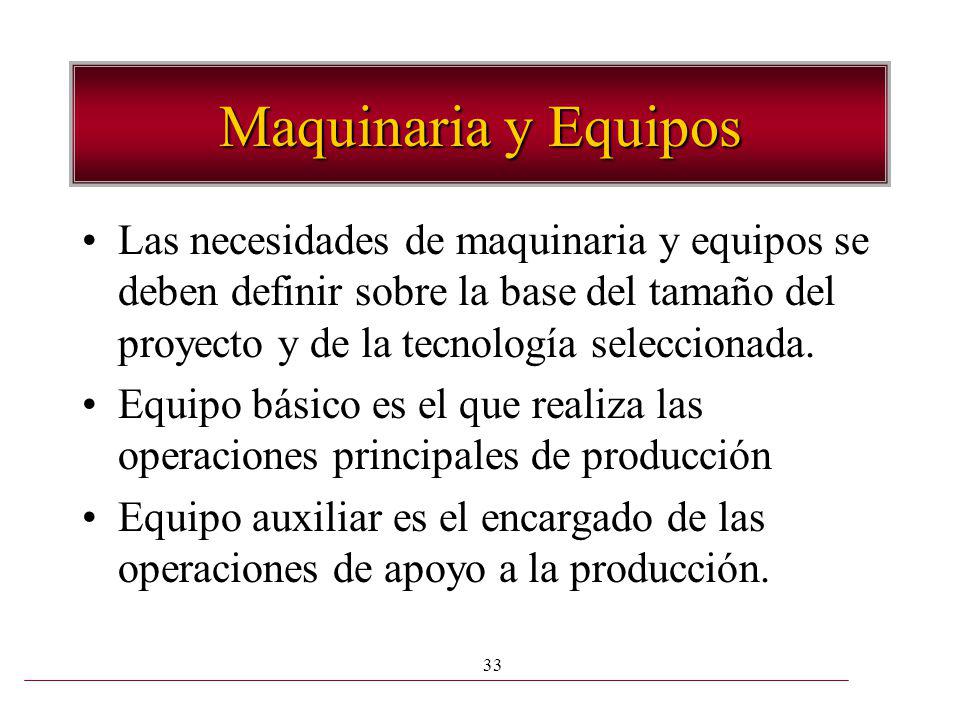 Maquinaria y Equipos Las necesidades de maquinaria y equipos se deben definir sobre la base del tamaño del proyecto y de la tecnología seleccionada.