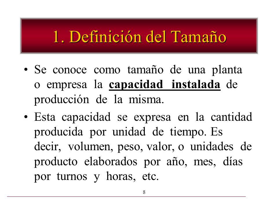 1. Definición del Tamaño Se conoce como tamaño de una planta o empresa la capacidad instalada de producción de la misma.
