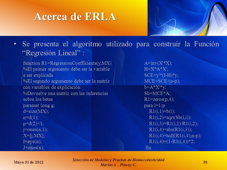 Acerca de ERLA Se presenta el algoritmo utilizado para construir la Función Regresión Lineal : function R1=RegressionCoefficients(y,MX)