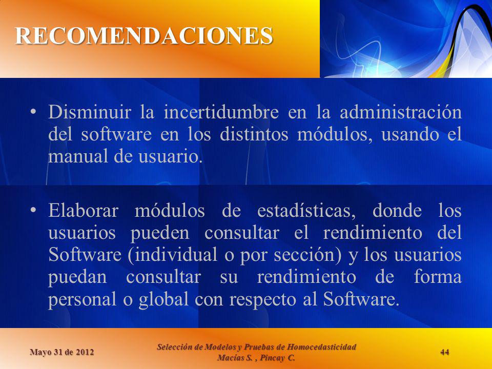 RECOMENDACIONES Disminuir la incertidumbre en la administración del software en los distintos módulos, usando el manual de usuario.