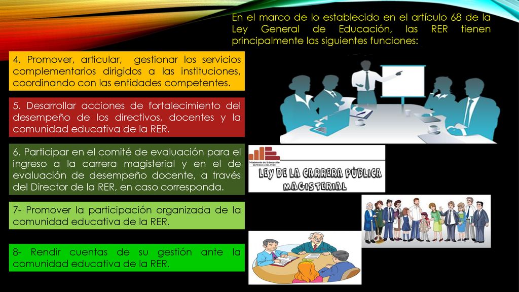 En el marco de lo establecido en el artículo 68 de la Ley General de Educación, las RER tienen principalmente las siguientes funciones: