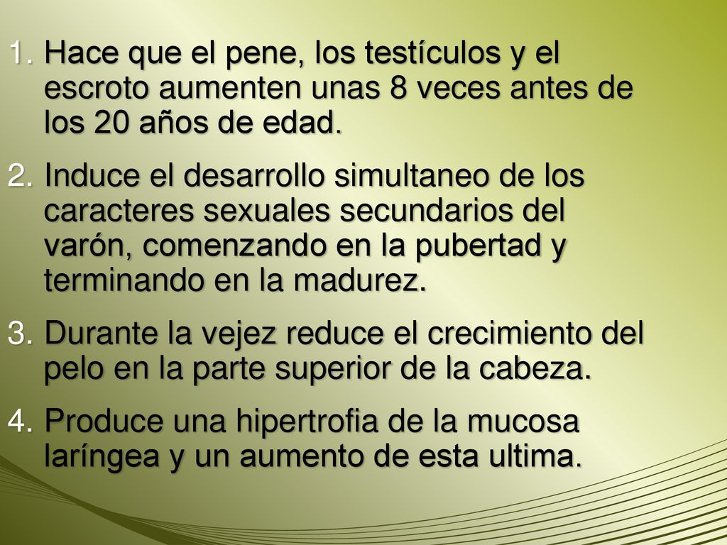 Hace que el pene, los testículos y el escroto aumenten unas 8 veces antes de los 20 años de edad.