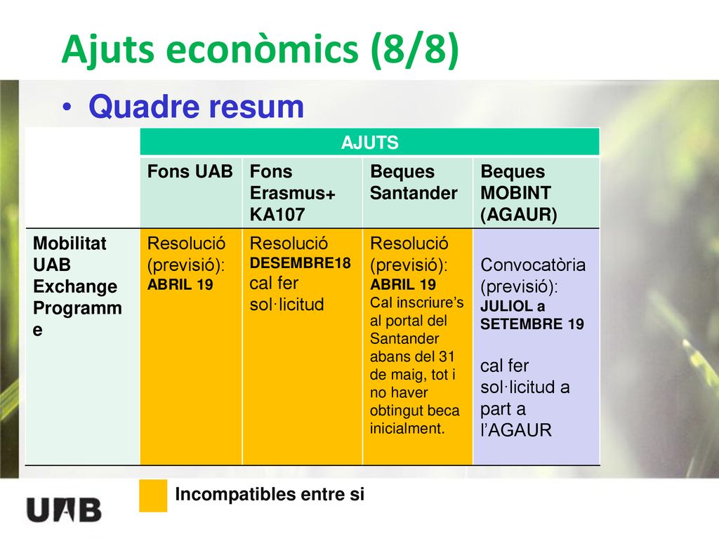 Ajuts econòmics (8/8) Quadre resum AJUTS Fons UAB Fons Erasmus+ KA107