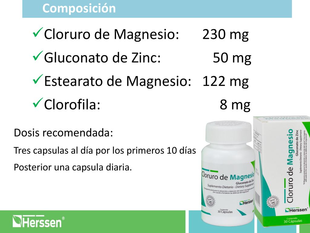 Cloruro de Magnesio: 230 mg Gluconato de Zinc: 50 mg