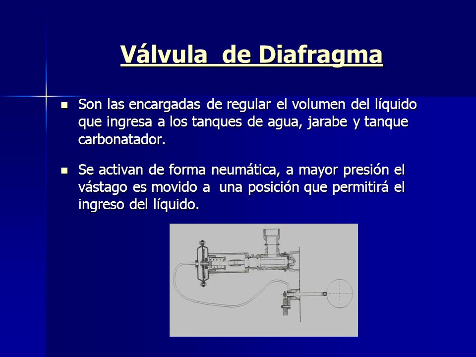 Válvula de Diafragma Son las encargadas de regular el volumen del líquido que ingresa a los tanques de agua, jarabe y tanque carbonatador.