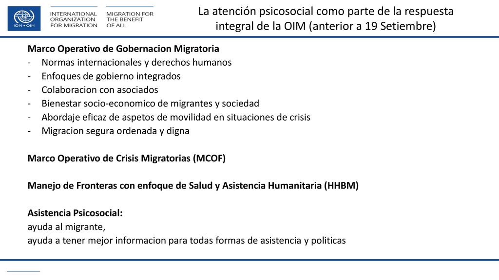 La atención psicosocial como parte de la respuesta integral de la OIM (anterior a 19 Setiembre)