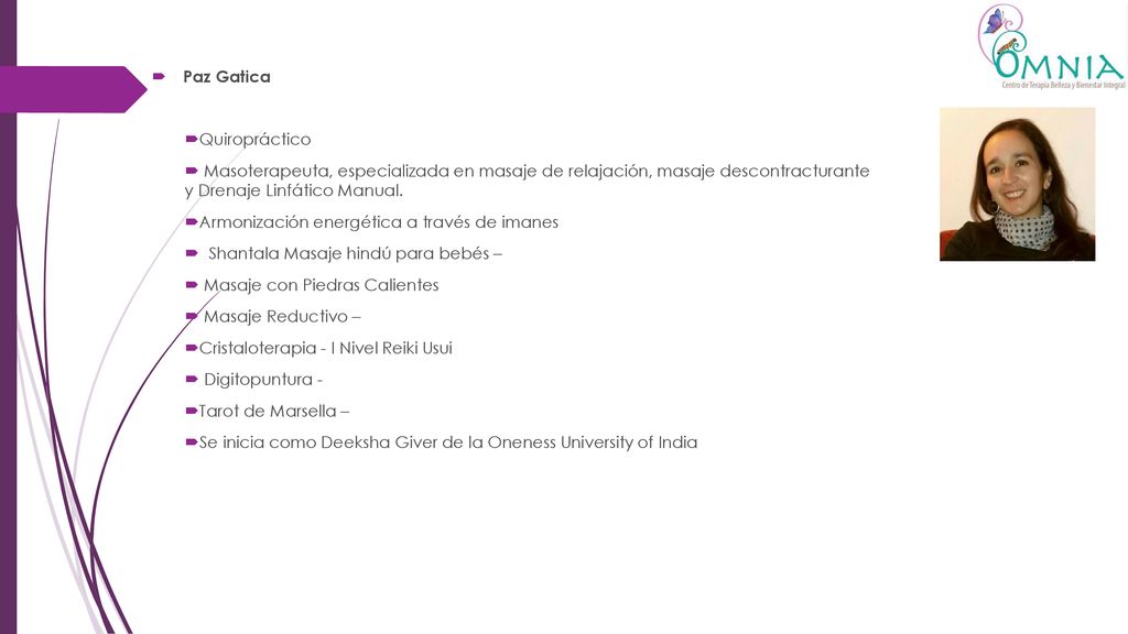 Paz Gatica Quiropráctico. Masoterapeuta, especializada en masaje de relajación, masaje descontracturante y Drenaje Linfático Manual.