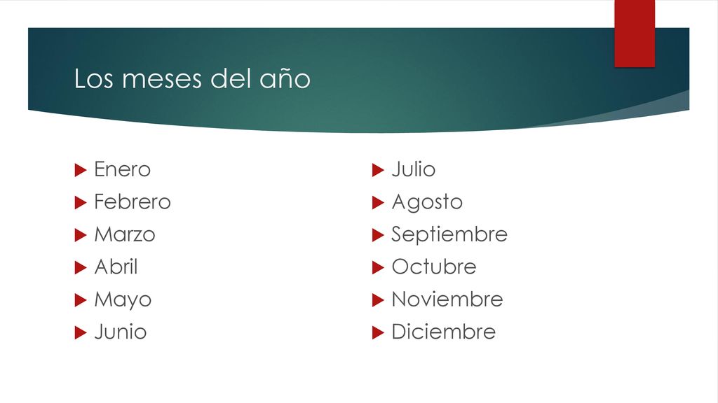 Los meses del año Enero Febrero Marzo Abril Mayo Junio Julio Agosto