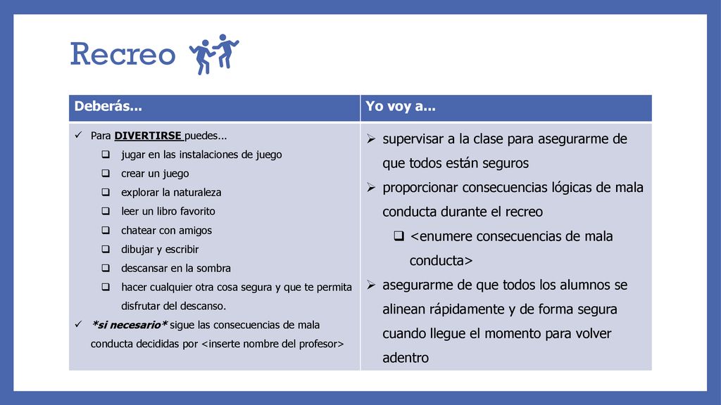 Recreo Deberás... Yo voy a... Para DIVERTIRSE puedes... jugar en las instalaciones de juego. crear un juego.