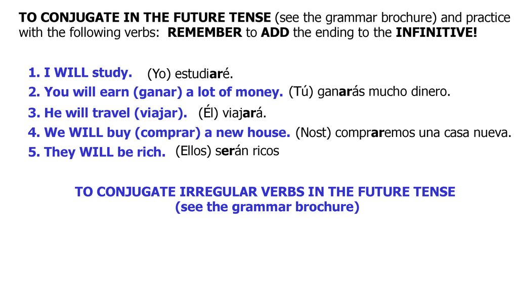 2. You will earn (ganar) a lot of money. (Tú) ganarás mucho dinero.