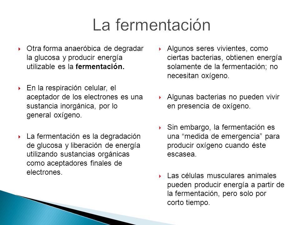 La fermentación Otra forma anaeróbica de degradar la glucosa y producir energía utilizable es la fermentación.
