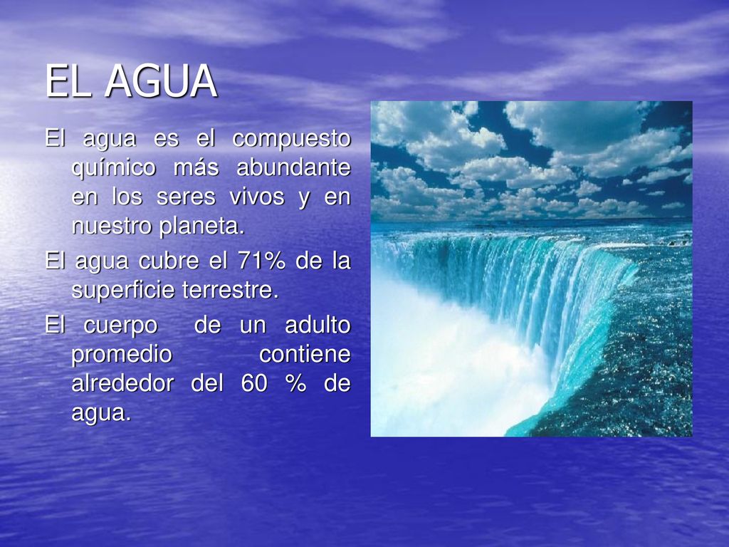 EL AGUA El agua es el compuesto químico más abundante en los seres vivos y en nuestro planeta. El agua cubre el 71% de la superficie terrestre.