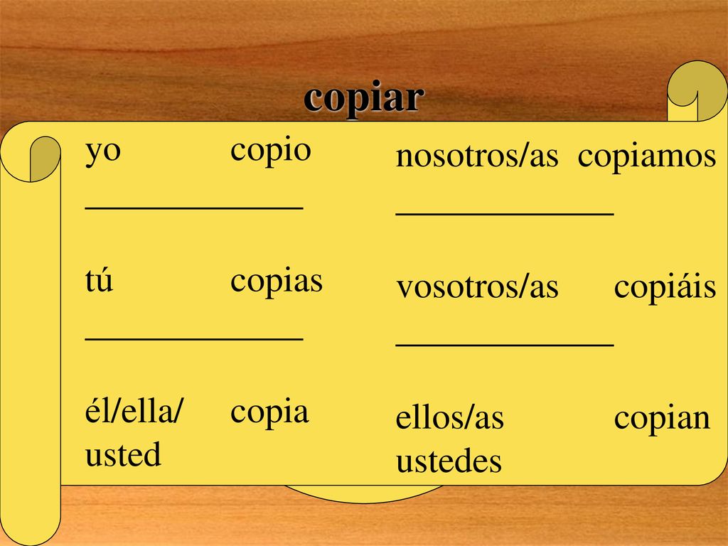 NO! copiar yo copio nosotros/as copiamos tú copias vosotros/as copiáis