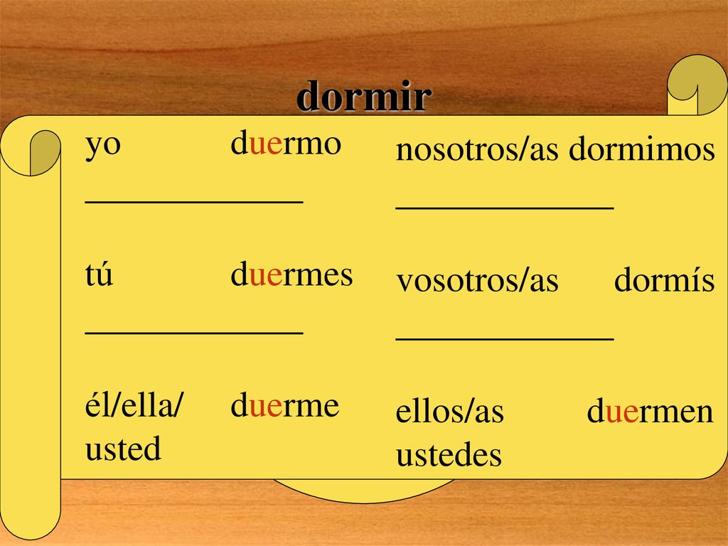 YES! dormir yo duermo nosotros/as dormimos tú duermes