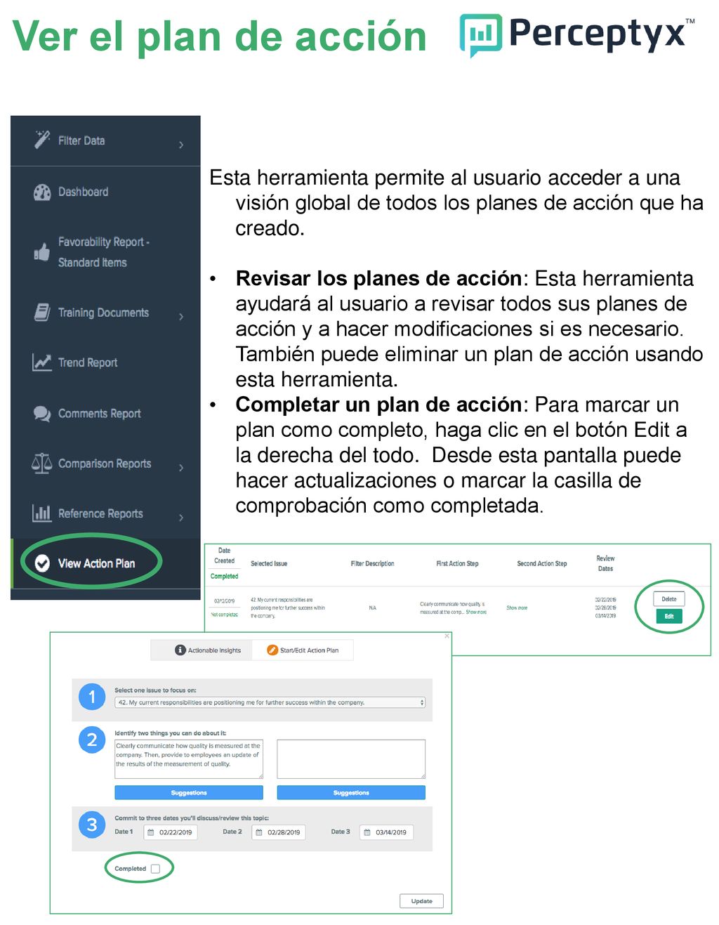 Ver el plan de acción Esta herramienta permite al usuario acceder a una visión global de todos los planes de acción que ha creado.