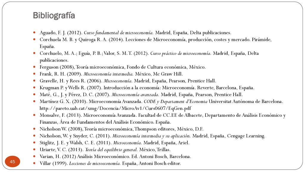 Bibliografía Aguado, F. J. (2012). Curso fundamental de microeconomía. Madrid, España, Delta publicaciones.