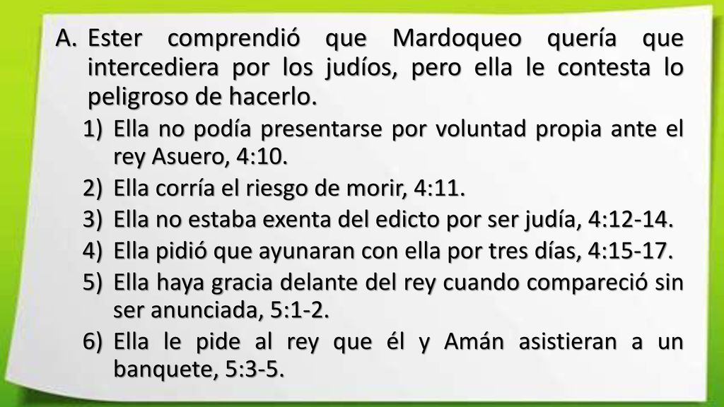Ester comprendió que Mardoqueo quería que intercediera por los judíos, pero ella le contesta lo peligroso de hacerlo.