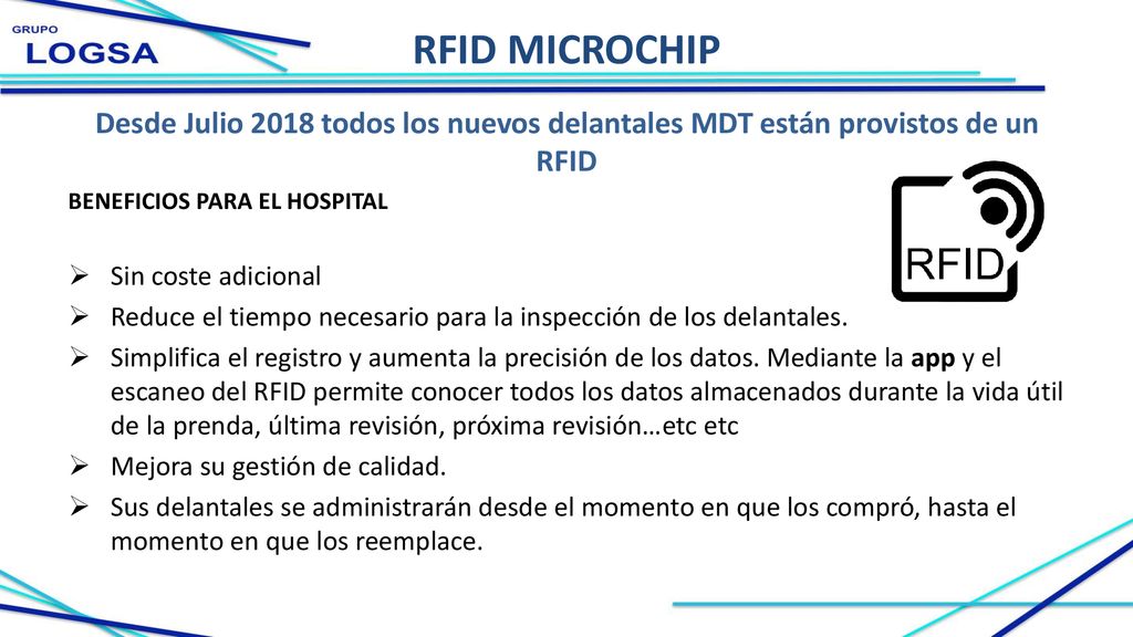 RFID MICROCHIP Desde Julio 2018 todos los nuevos delantales MDT están provistos de un RFID. BENEFICIOS PARA EL HOSPITAL.