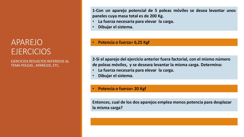 1-Con un aparejo potencial de 5 poleas móviles se desea levantar unos paneles cuya masa total es de 200 Kg.