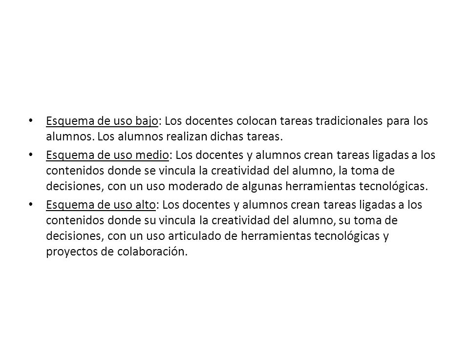 Esquema de uso bajo: Los docentes colocan tareas tradicionales para los alumnos. Los alumnos realizan dichas tareas.