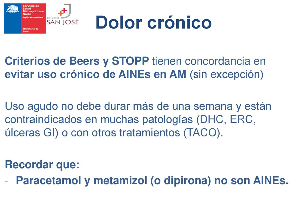 Dolor crónico Criterios de Beers y STOPP tienen concordancia en evitar uso crónico de AINEs en AM (sin excepción)