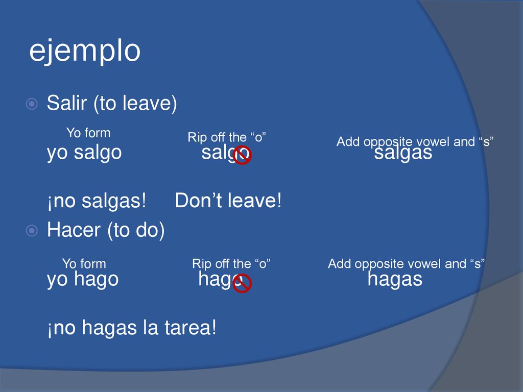 ejemplo Salir (to leave) yo salgo salgo salgas ¡no salgas! Don’t leave!