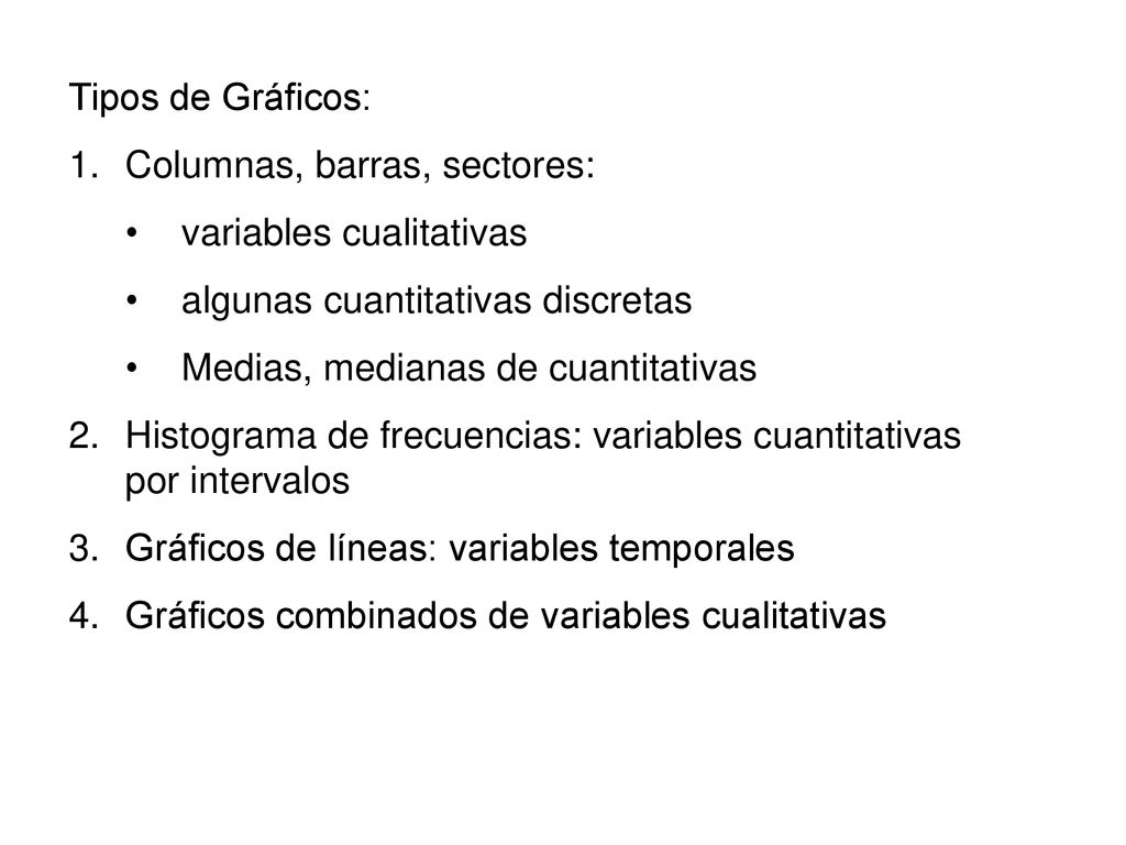 Tipos de Gráficos: Columnas, barras, sectores: variables cualitativas. algunas cuantitativas discretas.