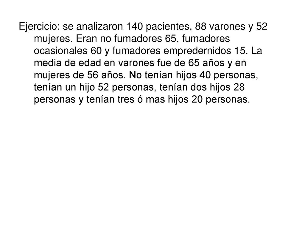Ejercicio: se analizaron 140 pacientes, 88 varones y 52 mujeres
