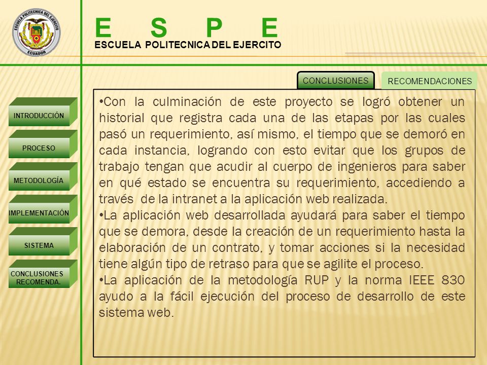 E S P E ESCUELA POLITECNICA DEL EJERCITO. CONCLUSIONES. RECOMENDACIONES.