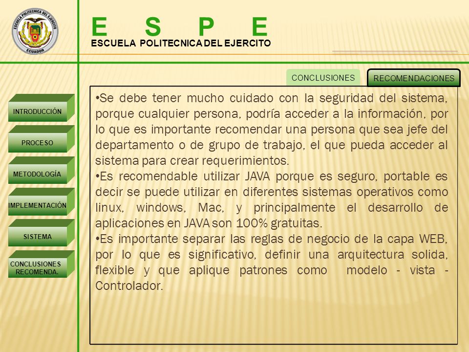 E S P E ESCUELA POLITECNICA DEL EJERCITO. CONCLUSIONES. RECOMENDACIONES.