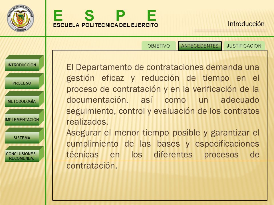 E S P E Introducción. ESCUELA POLITECNICA DEL EJERCITO. OBJETIVO. ANTECEDENTES. JUSTIFICACION.