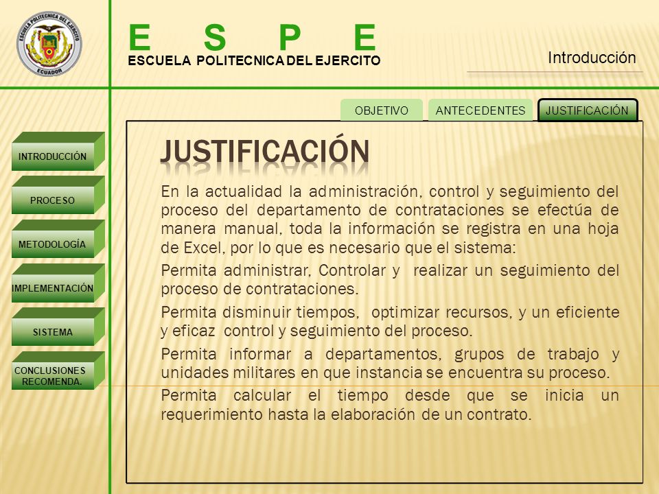 E S P E Introducción. ESCUELA POLITECNICA DEL EJERCITO. OBJETIVO. ANTECEDENTES. JUSTIFICACIÓN.