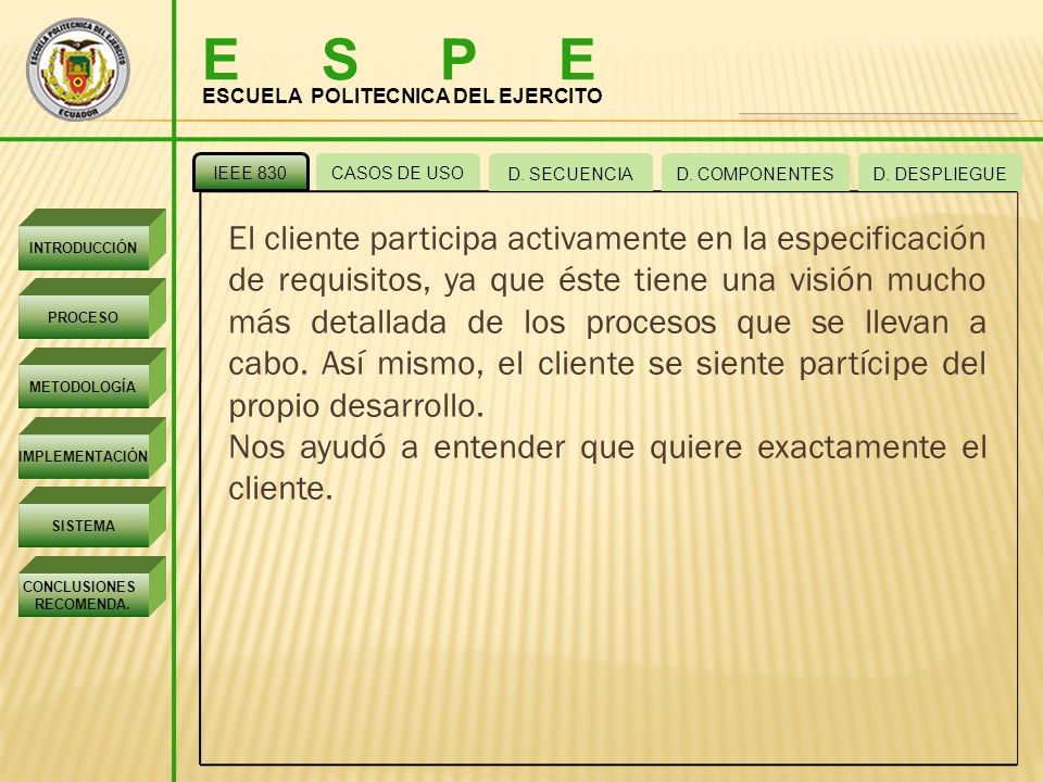 E S P E ESCUELA POLITECNICA DEL EJERCITO. IEEE 830. CASOS DE USO. D. SECUENCIA. D. COMPONENTES.