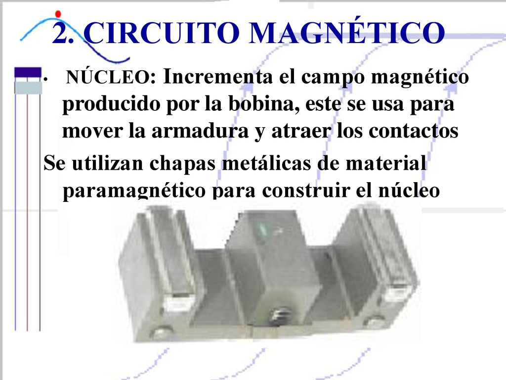 2. CIRCUITO MAGNÉTICO NÚCLEO: Incrementa el campo magnético producido por la bobina, este se usa para mover la armadura y atraer los contactos.
