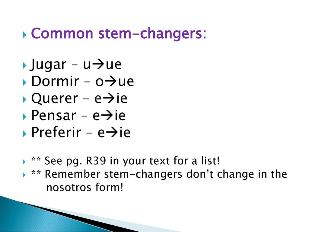 Common stem-changers: Jugar – uue Dormir – oue Querer – eie