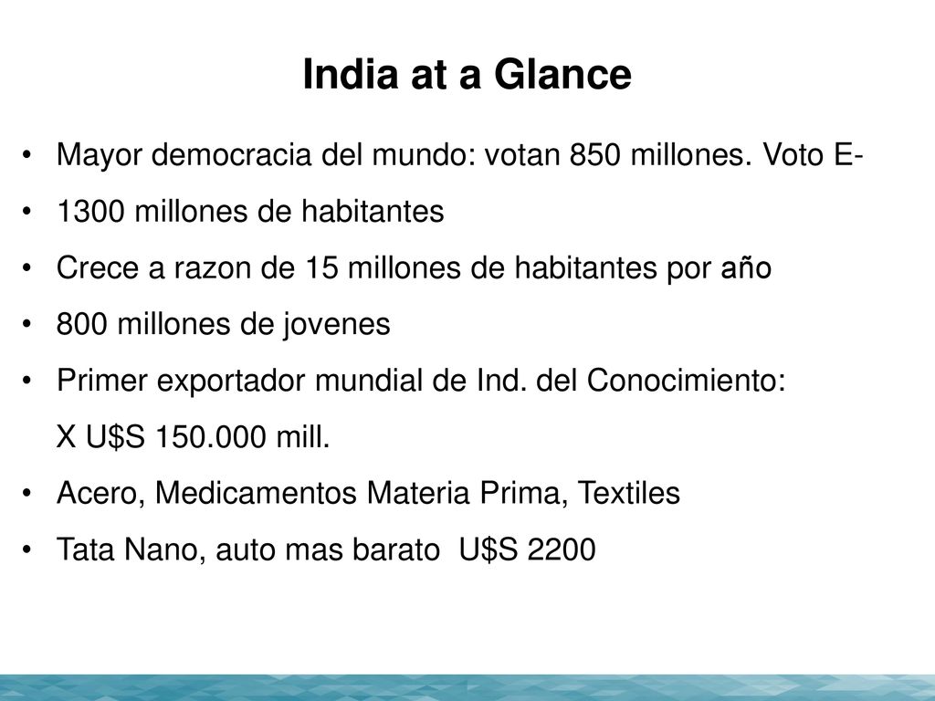 India at a Glance Mayor democracia del mundo: votan 850 millones. Voto E millones de habitantes.