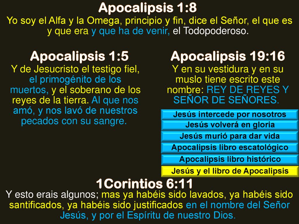 Apocalipsis 1:8 Apocalipsis 1:5 Apocalipsis 19:16 1Corintios 6:11