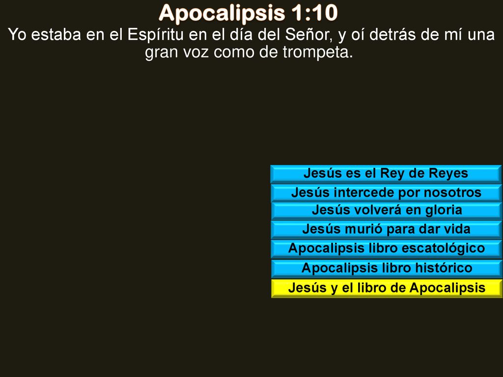 Apocalipsis 1:10 Yo estaba en el Espíritu en el día del Señor, y oí detrás de mí una gran voz como de trompeta.