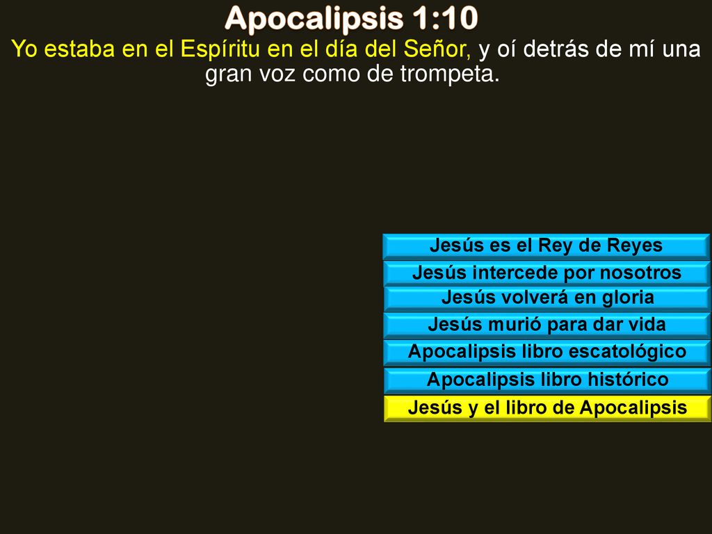 Apocalipsis 1:10 Yo estaba en el Espíritu en el día del Señor, y oí detrás de mí una gran voz como de trompeta.