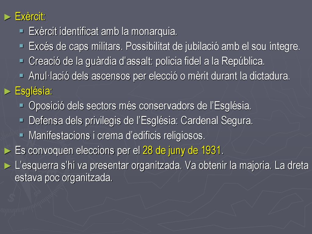 Exèrcit: Exèrcit identificat amb la monarquia. Excés de caps militars. Possibilitat de jubilació amb el sou íntegre.