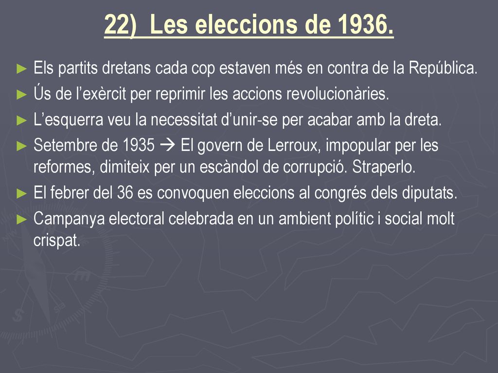 22) Les eleccions de Els partits dretans cada cop estaven més en contra de la República.