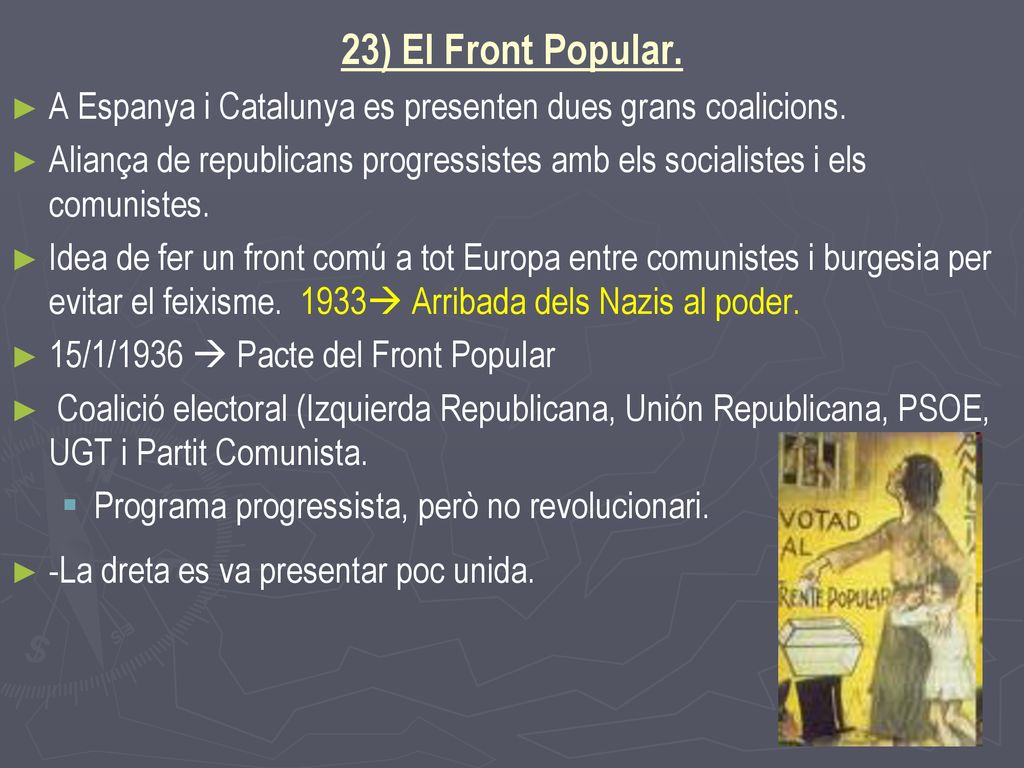23) El Front Popular. A Espanya i Catalunya es presenten dues grans coalicions.