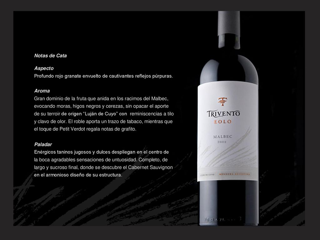 Notas de Cata Aspecto. Profundo rojo granate envuelto de cautivantes reflejos púrpuras. Aroma.