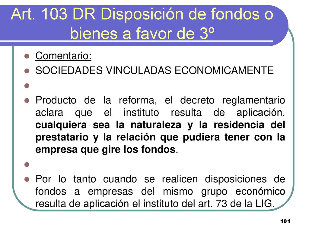 Art. 103 DR Disposición de fondos o bienes a favor de 3º