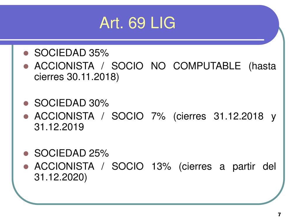 Art. 69 LIG SOCIEDAD 35% ACCIONISTA / SOCIO NO COMPUTABLE (hasta cierres ) SOCIEDAD 30%