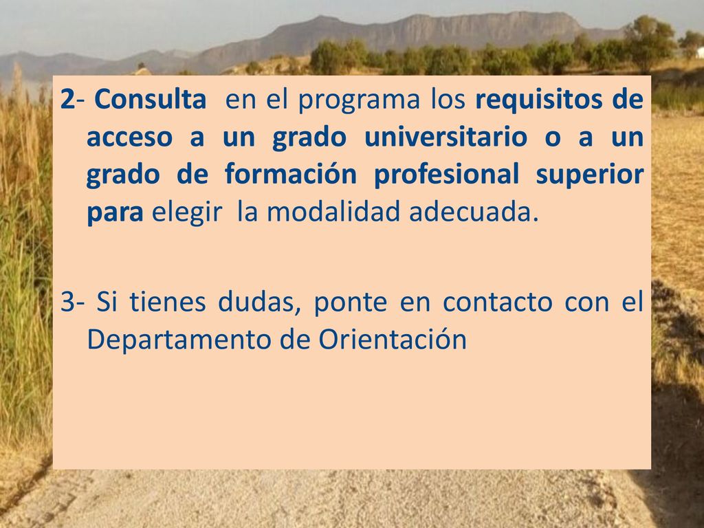 2- Consulta en el programa los requisitos de acceso a un grado universitario o a un grado de formación profesional superior para elegir la modalidad adecuada.