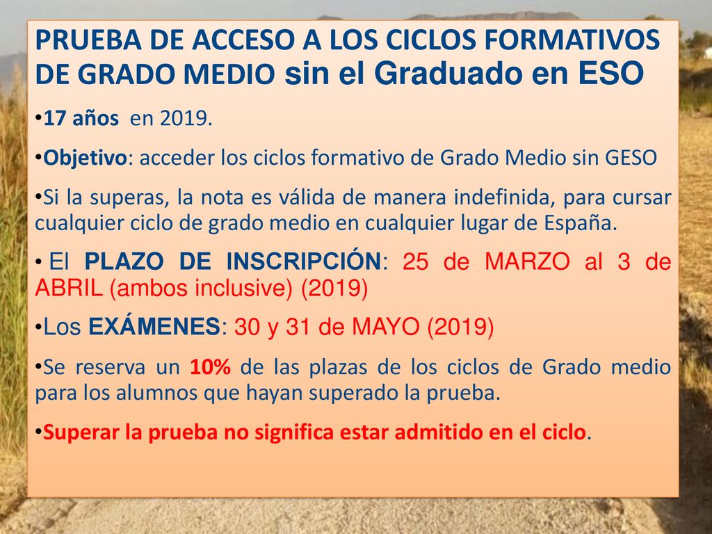 PRUEBA DE ACCESO A LOS CICLOS FORMATIVOS DE GRADO MEDIO sin el Graduado en ESO