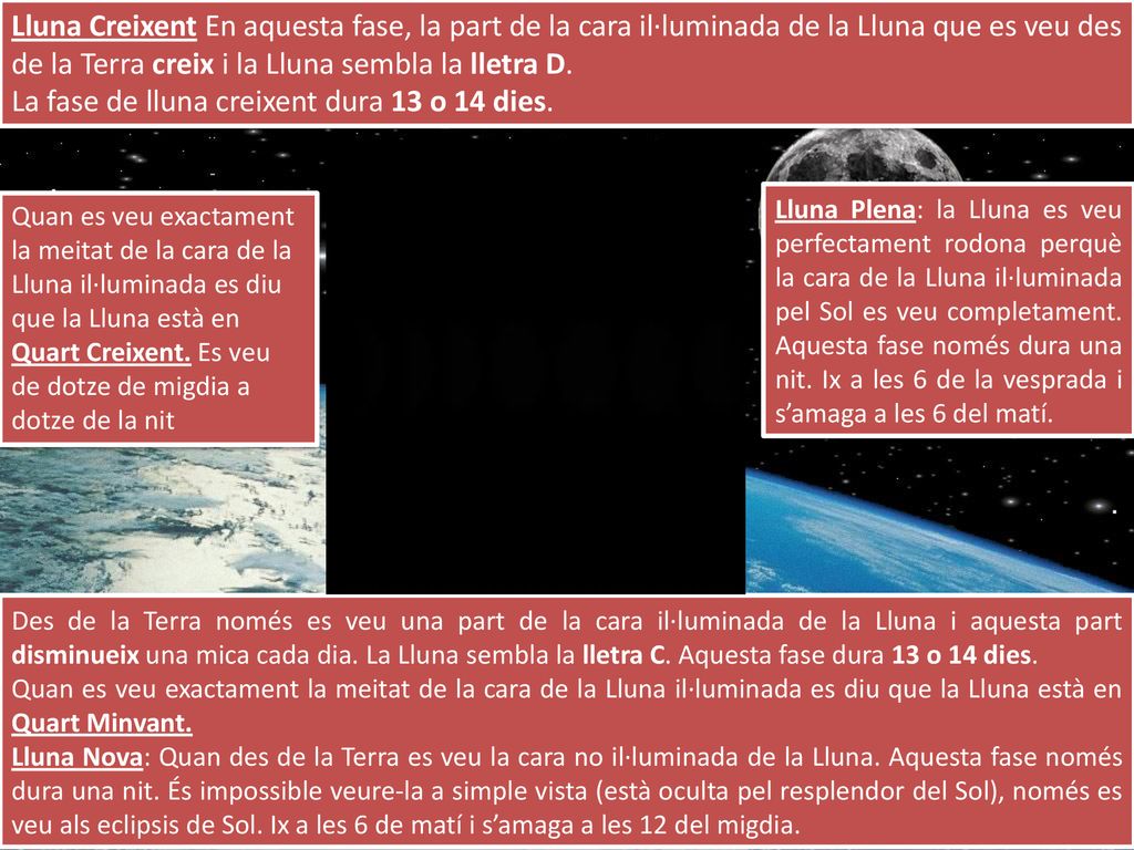 Lluna Creixent En aquesta fase, la part de la cara il·luminada de la Lluna que es veu des de la Terra creix i la Lluna sembla la lletra D. La fase de lluna creixent dura 13 o 14 dies.