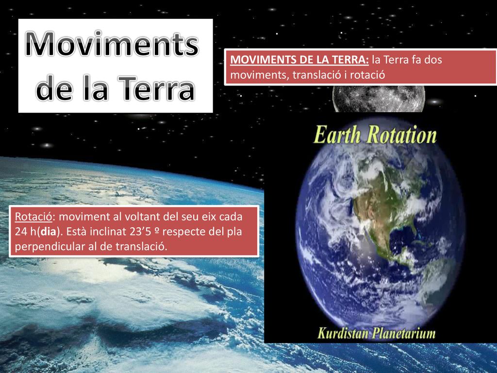Moviments de la Terra. MOVIMENTS DE LA TERRA: la Terra fa dos moviments, translació i rotació.
