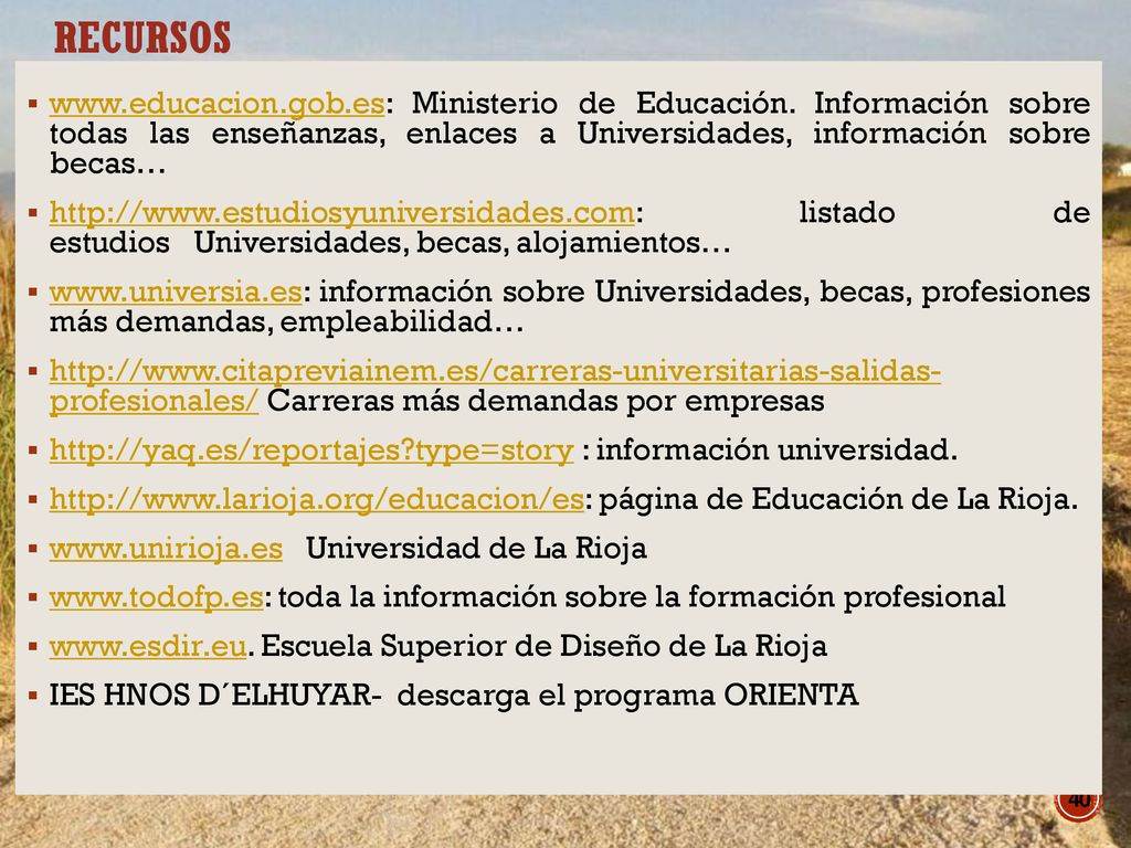 RECURSOS   Ministerio de Educación. Información sobre todas las enseñanzas, enlaces a Universidades, información sobre becas…